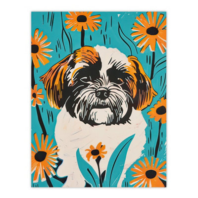 Artery8 Unframed Wall Art Vibrant Shih Tzu Daisy Portrait Dog Lover Floral12X16 Inch from B&Q