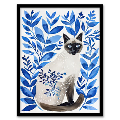 Artery8 Framed Wall Art Siamese Cat Lover And Blue Plants Pet Portrait12X16 Inch from B&Q