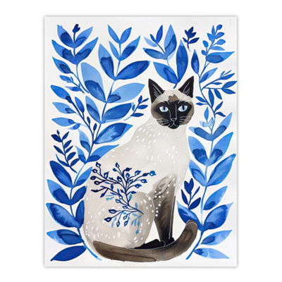 Artery8 Unframed Wall Art Siamese Cat Lover And Blue Plants Pet Portrait12X16 Inch from B&Q