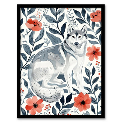 B&Q -  Siberian Husky In Poppy Flower Pattern Dog Lover Wall Art PrintA4 Size