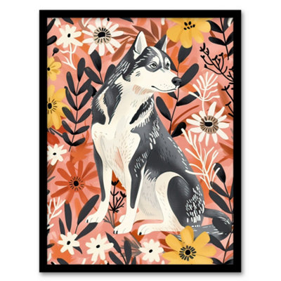 B&Q -  Framed Wall Art Dog Lover Siberian Husky Rustic Pink Floral12X16 Inch