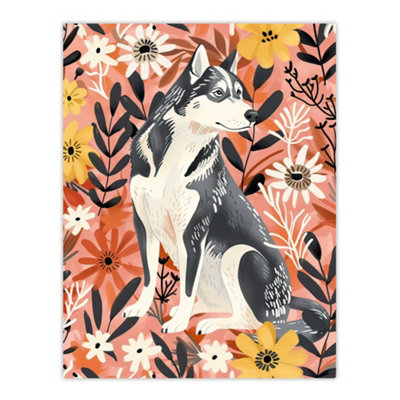 B&Q -  Unframed Wall Art Dog Lover Siberian Husky Rustic Pink Floral12X16 Inch