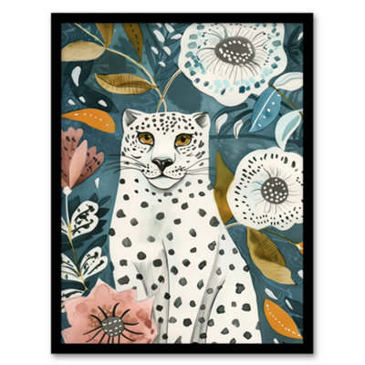 Artery8 Framed Wall Art Snow Leopard Floral Pattern Watercolour Folk - 12X16 Inch