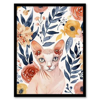 Artery8 Sphynx Cat Lover Floral Watercolour Portrait Wall Art PrintA4 Size from B&Q