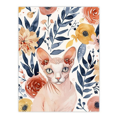 Artery8 Unframed Wall Art Sphynx Cat Lover Floral Watercolour Portrait12X16 Inch from B&Q
