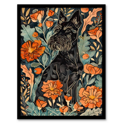 Artery8 Framed Wall Art Stylised Scottish Terrier Dog With Peony Flowers12X16 Inch from B&Q