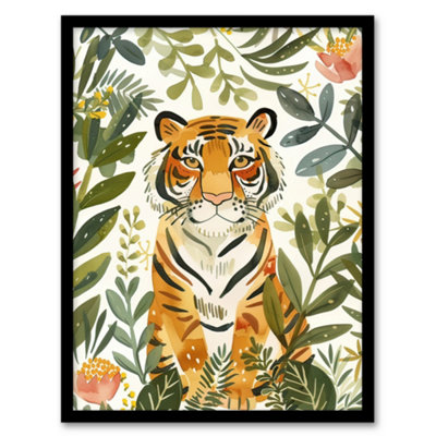 Artery8 Cute Tiger In Floral Tropical Jungle Watercolour Wall Art PrintA4 Size from B&Q
