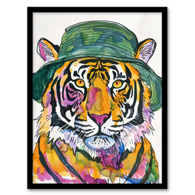 Artery8 Framed Wall Art Tiger With Bucket Hat Hip Hop Culture Fun Animal12X16 Inch from B&Q