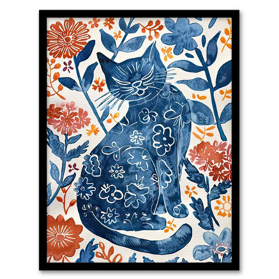 Artery8 Cat Lover Blue Red Floral Japanese Style Pattern Wall Art PrintA4 Size from B&Q