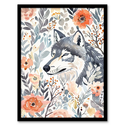 Artery8 Wolf And Wild Roses Floral Pastel Watercolour Wall Art PrintA4 Size from B&Q