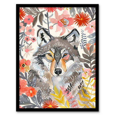 B&Q -  Grey Wolf Pink Floral Watercolour Animal Portrait Wall Art PrintA4 Size