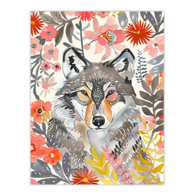 Artery8 Unframed Wall Art Grey Wolf Pink Floral Watercolour Animal Portrait12X16 Inch from B&Q