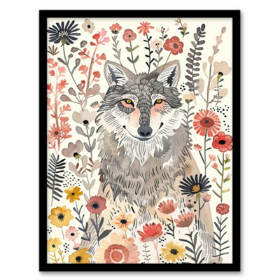 Artery8 Smiling Wolf Wildflower Meadow Floral Watercolour Wall Art PrintA4 Size from B&Q