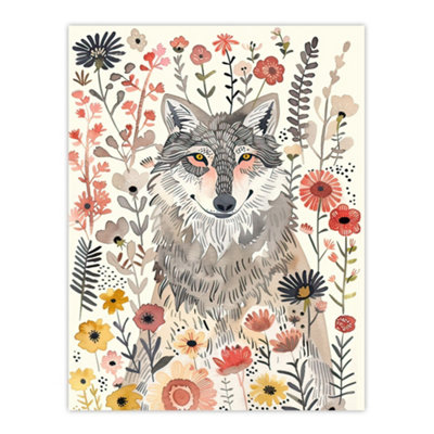 Artery8 Unframed Wall Art Smiling Wolf Wildflower Meadow Floral Watercolour12X16 Inch from B&Q