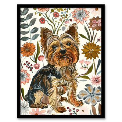 B&Q -  Framed Wall Art Yorkshire Terrier Dog Lover Boho Floral Pattern12X16 Inch