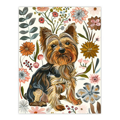 B&Q -  Unframed Wall Art Yorkshire Terrier Dog Lover Boho Floral Pattern12X16 Inch