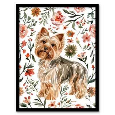 B&Q -  Framed Wall Art Yorkshire Terrier Dog Lover Pink Floral Pattern12X16 Inch