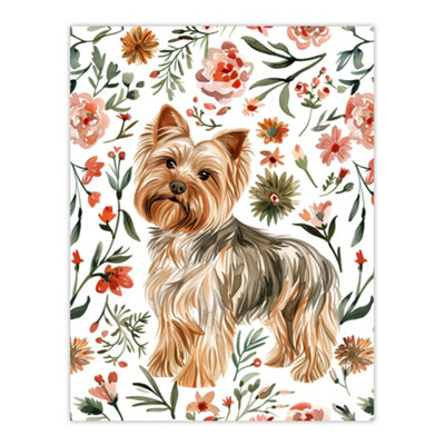B&Q -  Unframed Wall Art Yorkshire Terrier Dog Lover Pink Floral Pattern12X16 Inch