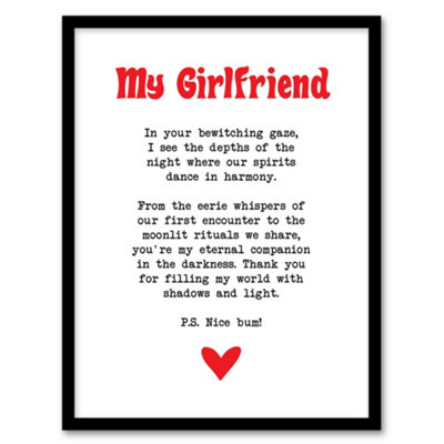 Artery8 Love Poem Goth Girlfriend Romantic Poetry Fun Wall Art PrintA4 Size from B&Q