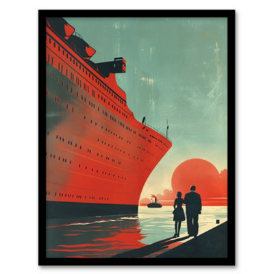 Artery8 Cruise Ship Sunset Harbour Red Blue Travel Advert Wall Art PrintA4 Size from B&Q