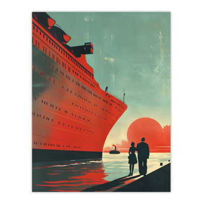 Artery8 Unframed Wall Art Cruise Ship Sunset Harbour Red Blue Travel Advert12X16 Inch from B&Q
