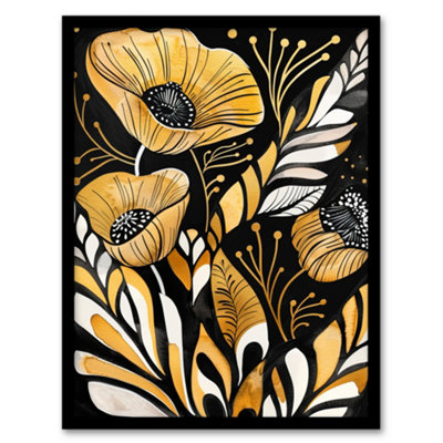 Artery8 Framed Wall Art Abstract Poppies Gold Black Floral Watercolour12X16 Inch from B&Q
