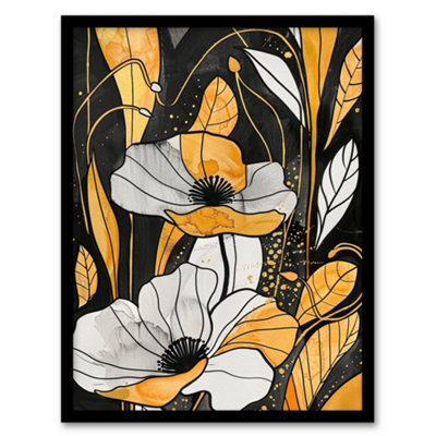 Artery8 Abstract Gold Black Poppy Flowers Floral Painting Wall Art PrintA4 Size from B&Q