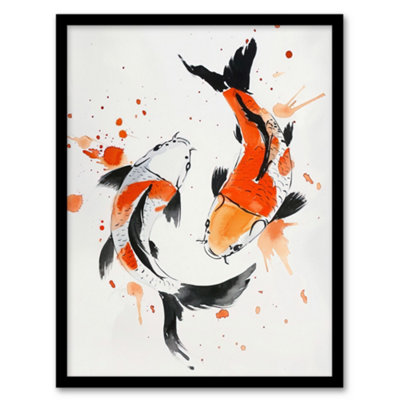 Artery8 Two Koi Carp Fish Orange Black Watercolour Wall Art PrintA4 Size from B&Q