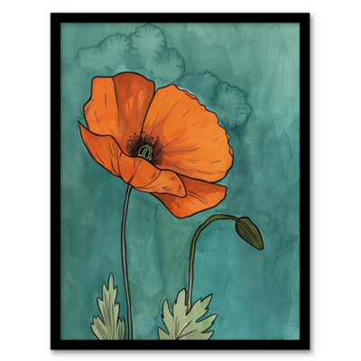 Artery8 Poppy Flower Bloom Teal Orange Floral Watercolour Wall Art PrintA4 Size from B&Q