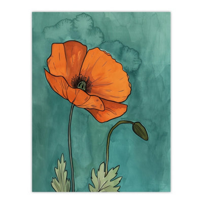 Artery8 Unframed Wall Art Poppy Flower Bloom Teal Orange Floral Watercolour12X16 Inch from B&Q