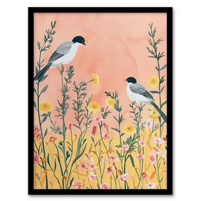 Artery8 Two Chickadee Birds In Pastel Wildflower Field Wall Art PrintA4 Size from B&Q