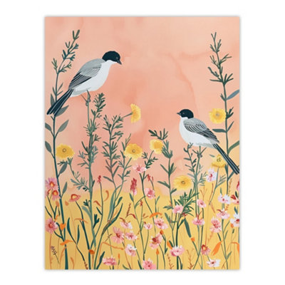 Artery8 Unframed Wall Art Two Chickadee Birds In Pastel Wildflower Field12X16 Inch from B&Q
