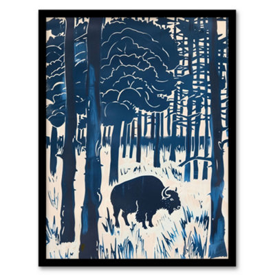 Artery8 Framed Wall Art Bison Grazing In Forest Blue Landscape Painting12X16 Inch