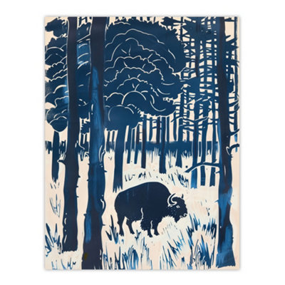 B&Q -  Unframed Wall Art Bison Grazing In Forest Blue Landscape Painting12X16 Inch