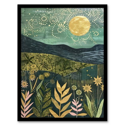 Artery8 Full Moon Floral Landscape Folk Art Painting Wall Art Print - A4 Size
