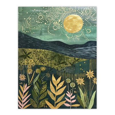 Artery8 Unframed Wall Art Full Moon Floral Landscape Folk Art Painting - 12X16 Inch