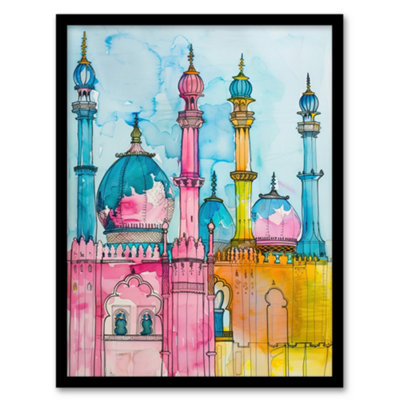 Artery8 Framed Wall Art Brighton Royal Pavilion Colourful Watercolour12X16 Inch from B&Q