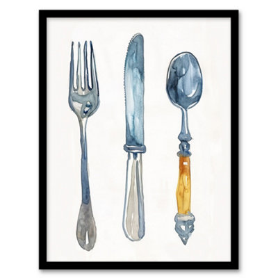 Artery8 Framed Wall Art Cutlery Fork Spoon And Bright Watercolour12X16 Inch from B&Q
