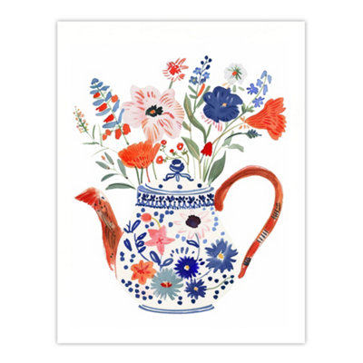 B&Q -  Unframed Wall Art Spring Wildflower Bouquet Floral Ceramic Tea Pot12X16 Inch