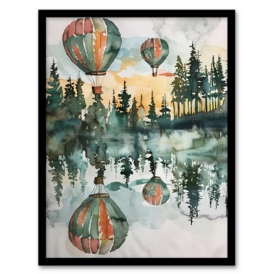 Artery8 Hot Air Balloons Forest Lake Watercolour Painting Wall Art PrintA4 Size from B&Q