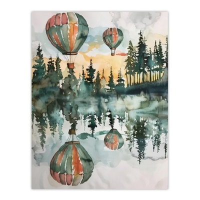 Artery8 Unframed Wall Art Hot Air Balloons Forest Lake Watercolour Painting12X16 Inch from B&Q