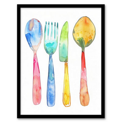 Artery8 Colourful Cutlery Fork Spoon Watercolour Wall Art PrintA4 Size from B&Q