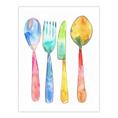 Artery8 Unframed Wall Art Colourful Cutlery Fork Spoon Watercolour12X16 Inch from B&Q