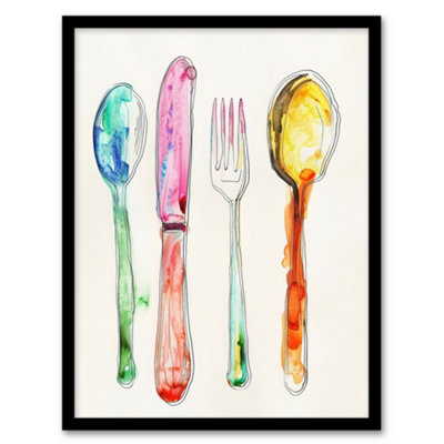Artery8 Colourful Watercolour Cutlery Spoons Fork Wall Art PrintA4 Size from B&Q