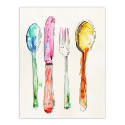Artery8 Unframed Wall Art Colourful Watercolour Cutlery Spoons Fork12X16 Inch from B&Q