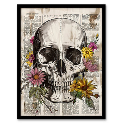 Artery8 Skull With Daisies Book Page Mixed Media Upcycle Wall Art PrintA4 Size from B&Q