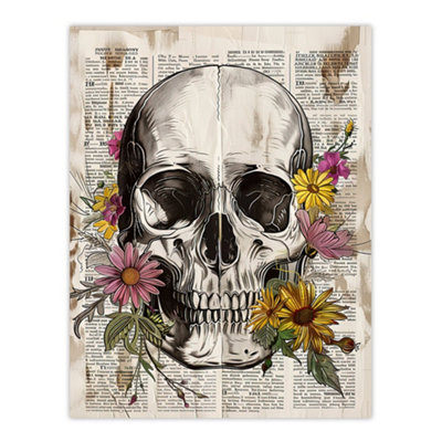 Artery8 Unframed Wall Art Skull With Daisies Book Page Mixed Media Upcycle12X16 Inch from B&Q