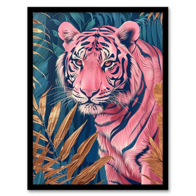 B&Q -  Majestic Pink Tiger In Blue Gold Tropical Jungle Wall Art PrintA4 Size