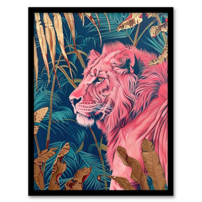 Artery8 Regal Pink Lion In Teal Blue Gold Tropical Jungle Wall Art PrintA4 Size from B&Q
