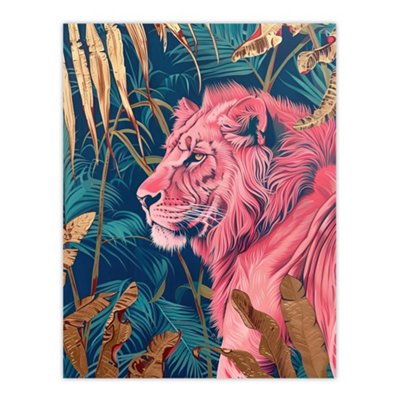 Artery8 Unframed Wall Art Regal Pink Lion In Teal Blue Gold Tropical Jungle12X16 Inch from B&Q